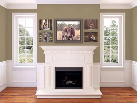 A set of family photos above the fireplace